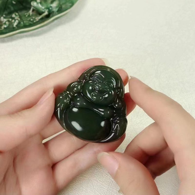 溫潤齋天然新疆和田玉青海料湖水綠玉石笑佛掛件玉器彌勒佛吊墜